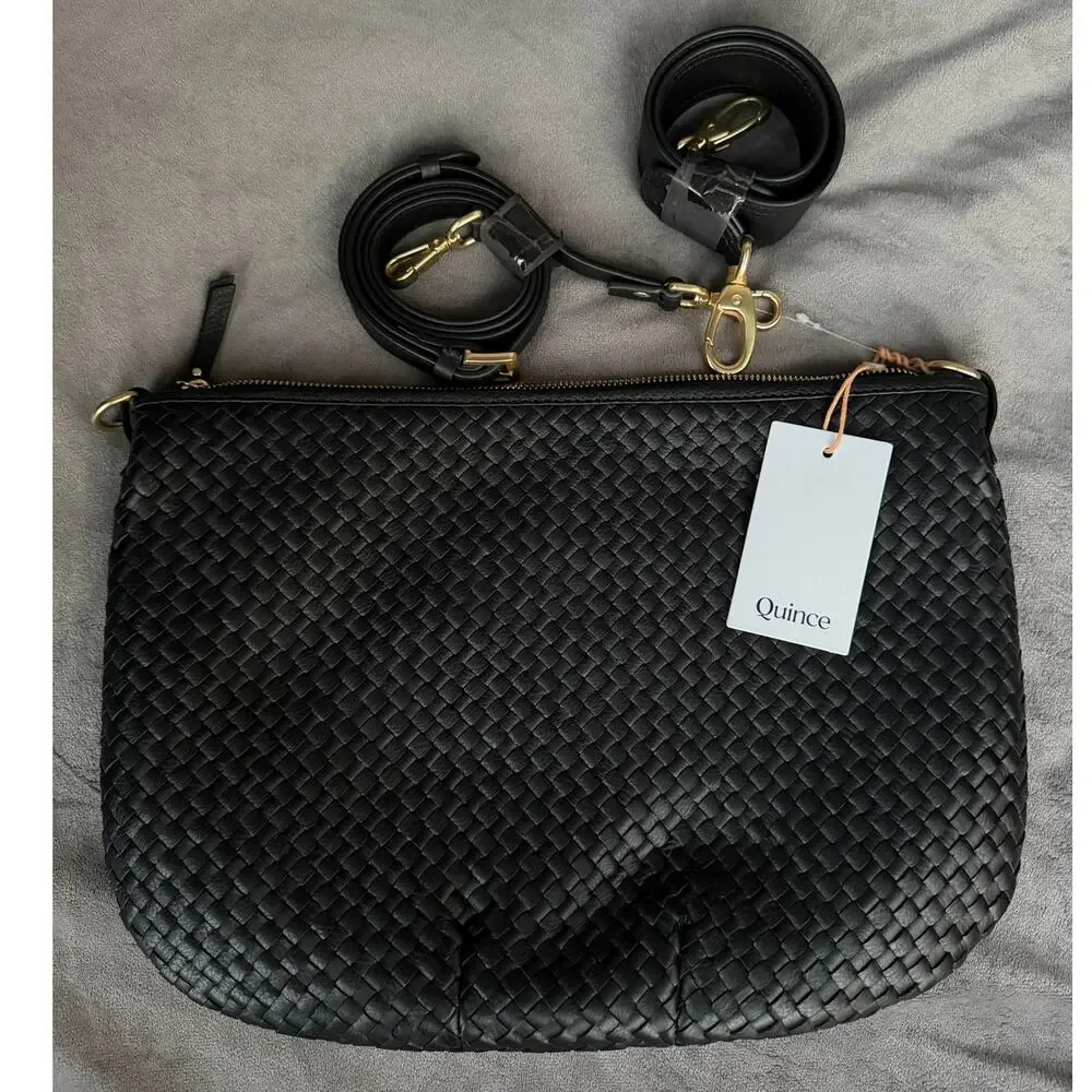 Quince Italian Leather Convertible Crescent Handwoven Shoulder Bag Black NWT
